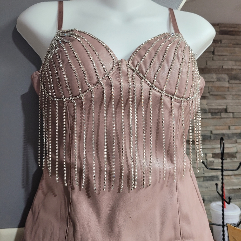 Dusty Blushed Straps Faux Leather Cocktail Drees with Silver Crystal BLING
